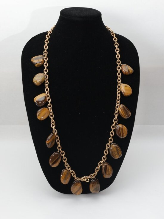 Jewelry - Vintage long genuine tiger's eye natural stone necklace on gold tone chain heavy